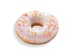 Donut with white icing and sprinkles.