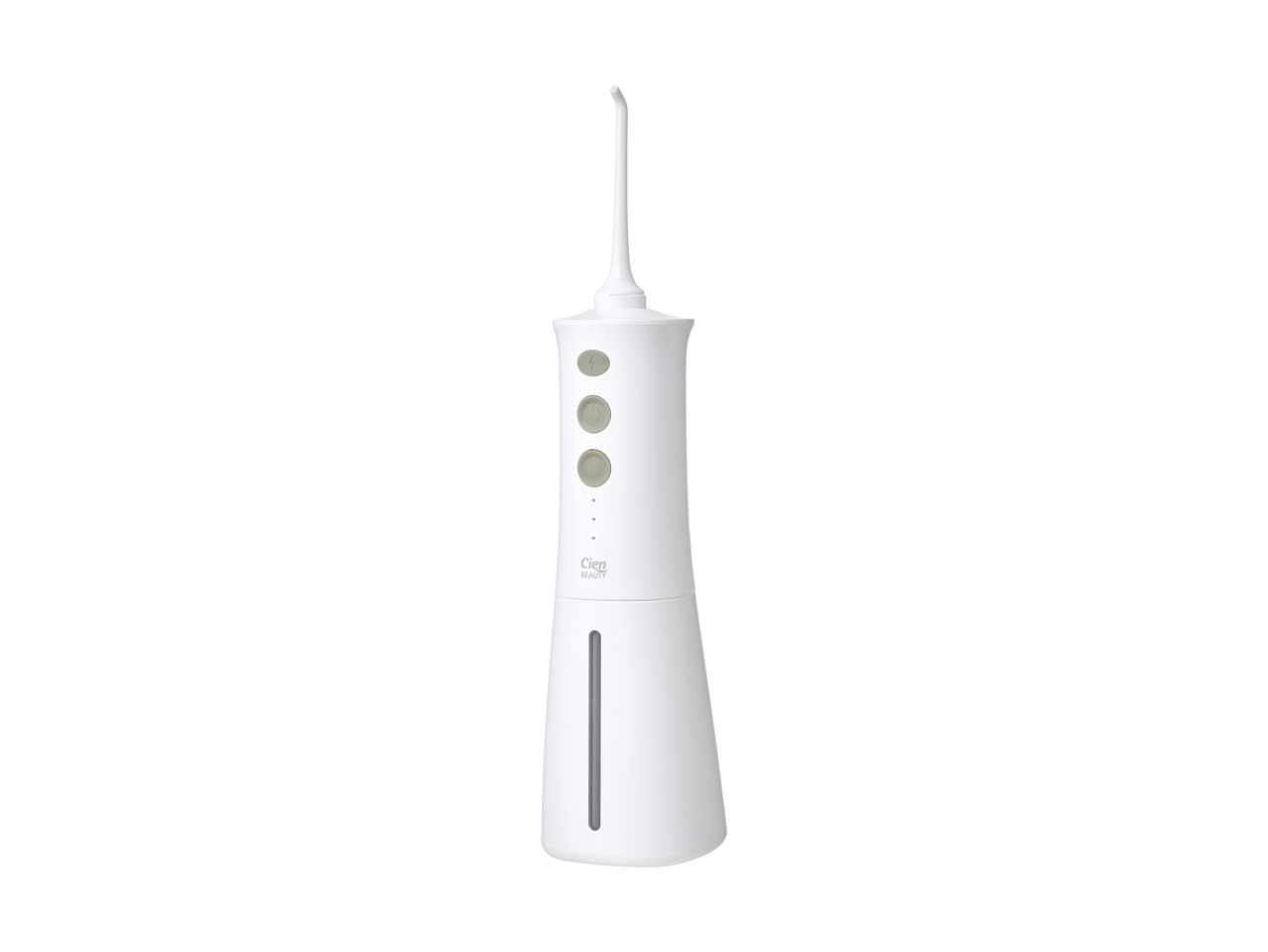 White cordless water flosser with three grey buttons and a transparent water tank