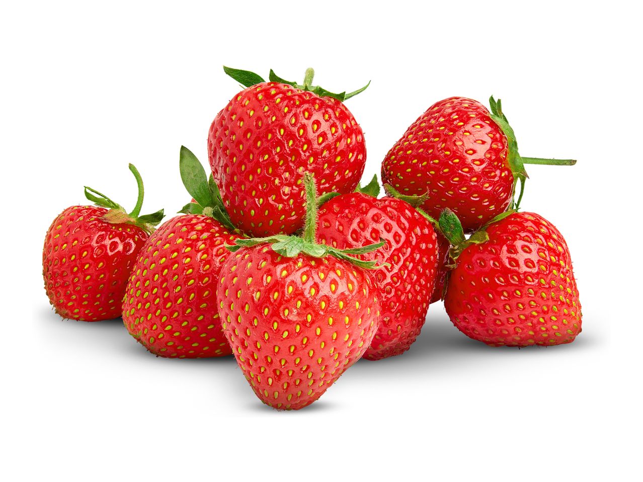 A pile of fresh, ripe red strawberries with green stems and leaves.