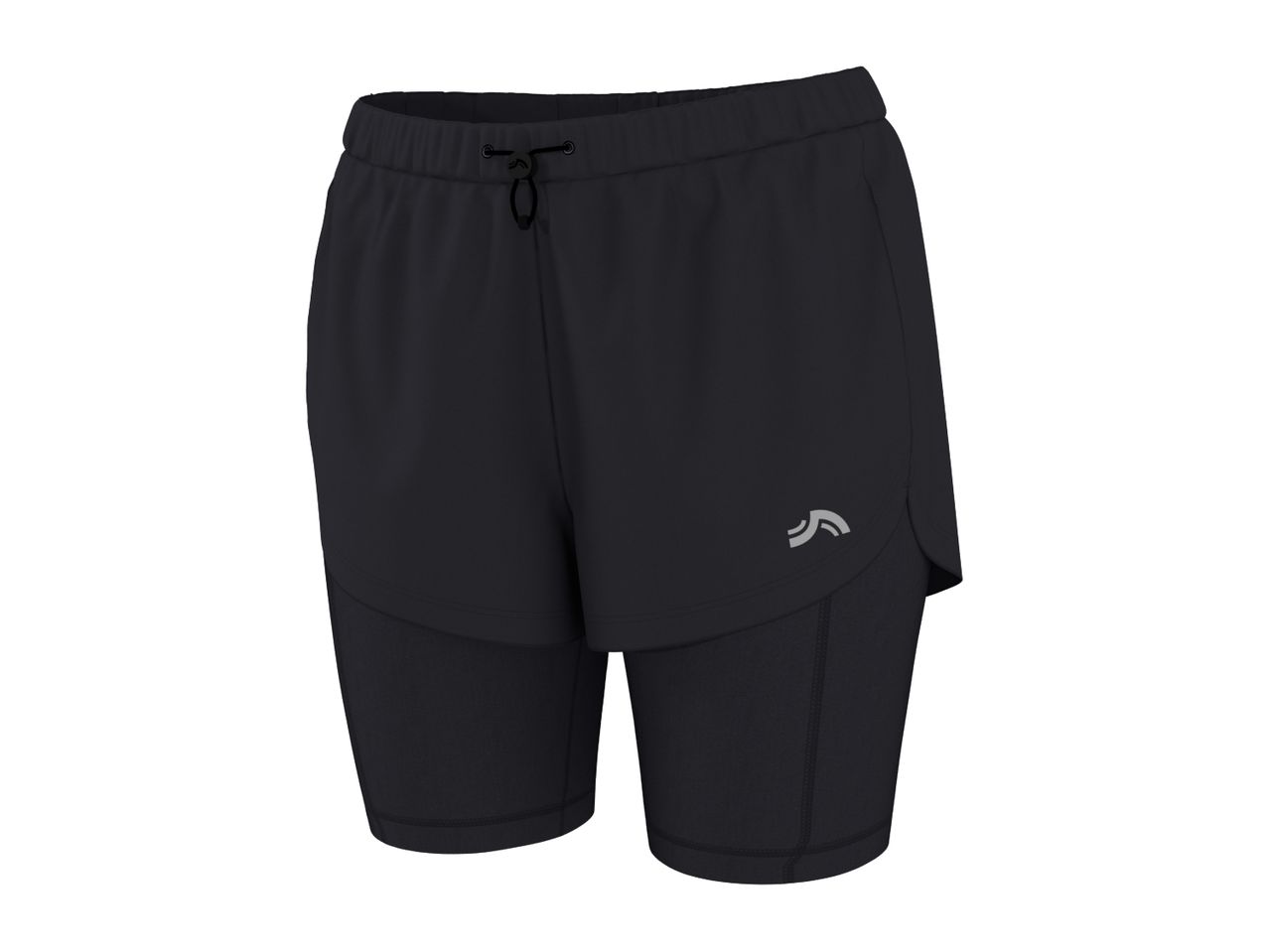 Black women's 2-in-1 running shorts with an elastic waistband and drawstring.