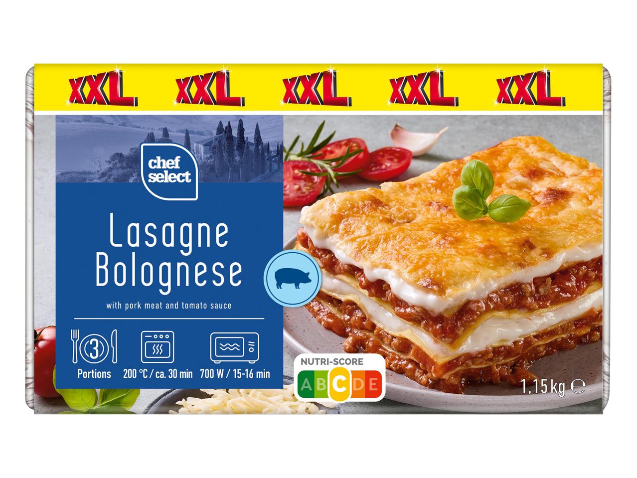 Chef Select Lasagne Bolognese XXL kiszerelésben, sertéshússal és paradicsomszósszal.