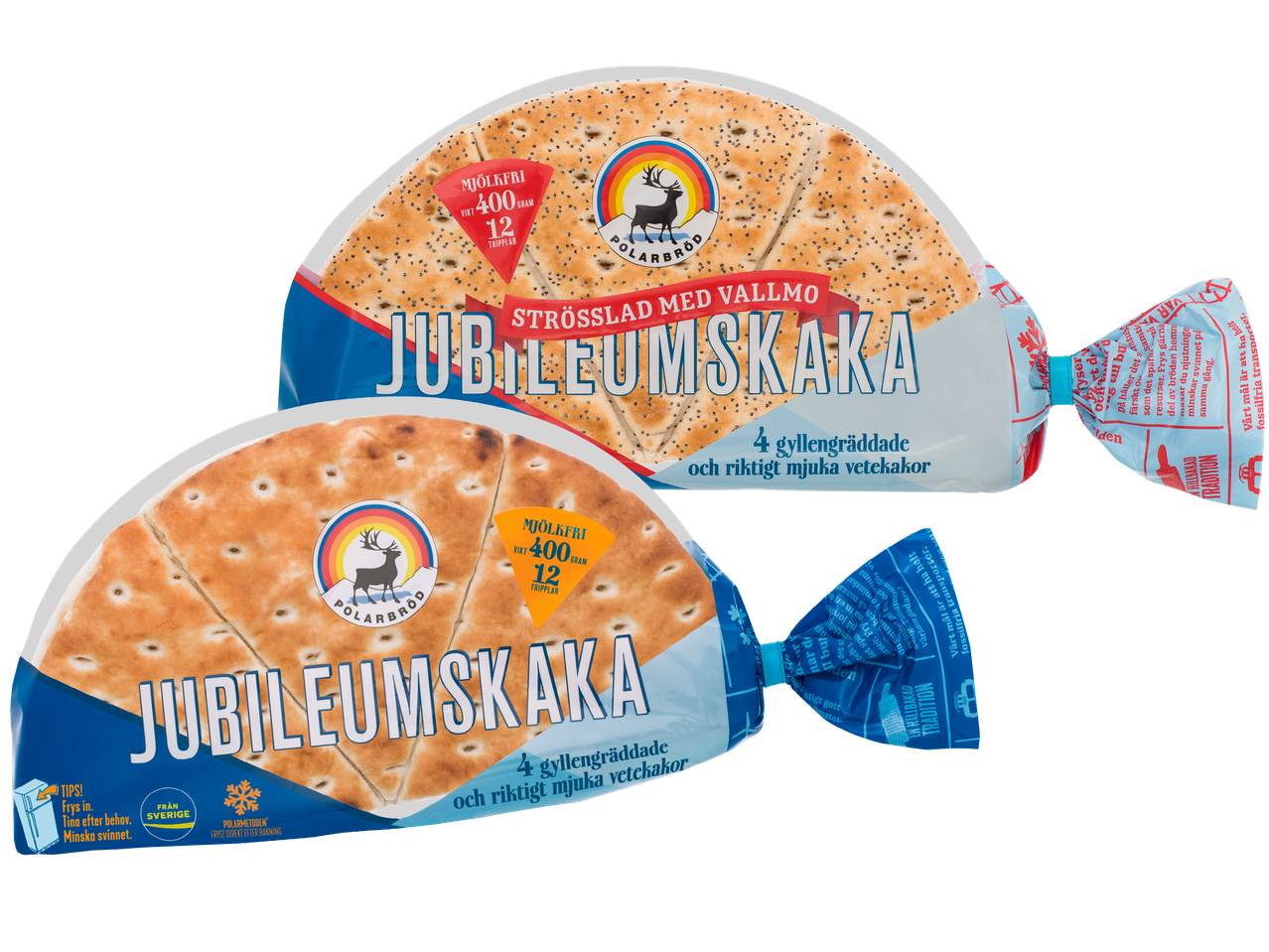 Två förpackningar Polarbröd Jubileumskakor, en med vallmo och en utan.