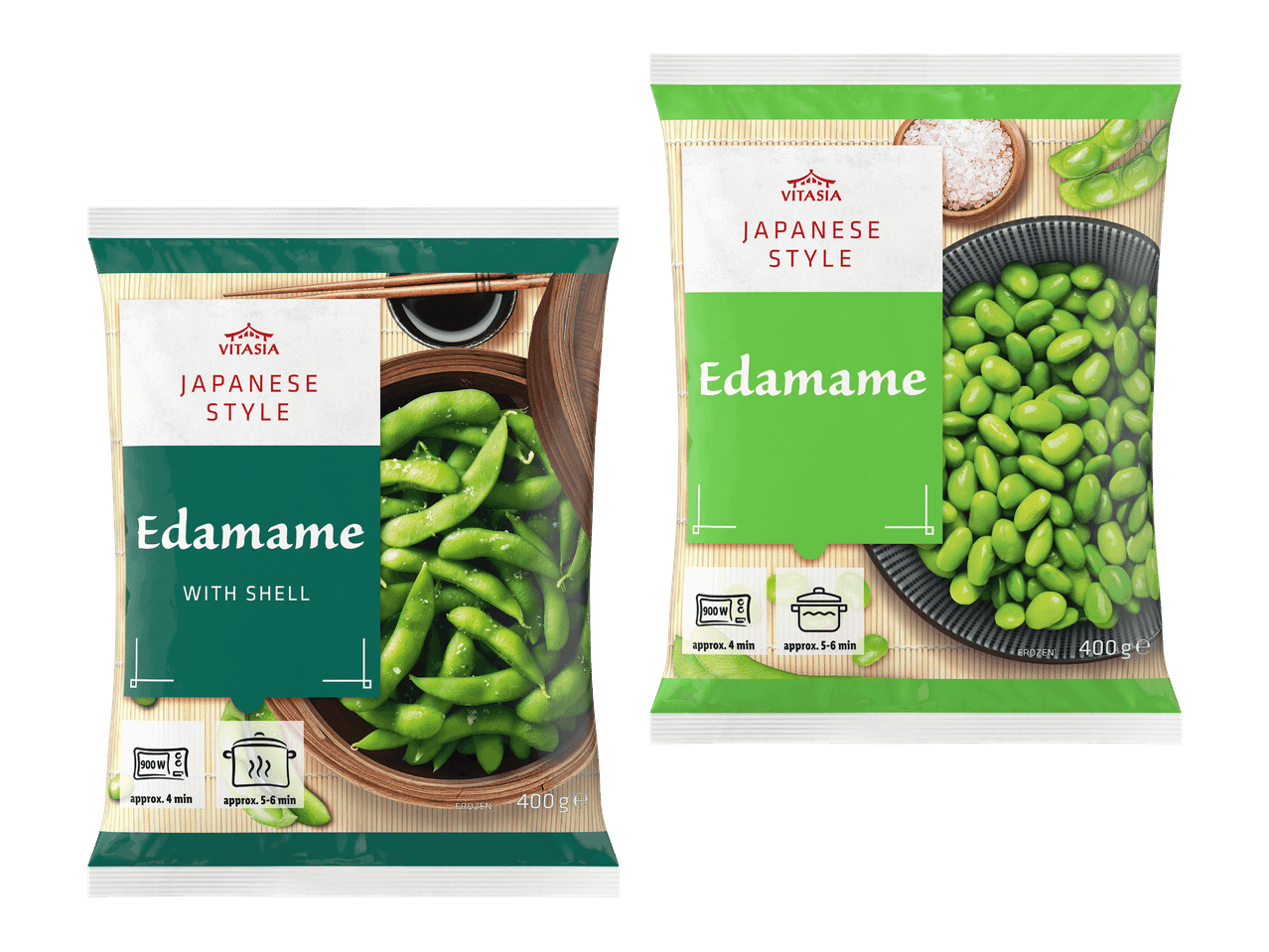 Kaksi pakkausta japanilaistyylisiä edamame-papuja, toinen kuorineen ja toinen ilman.