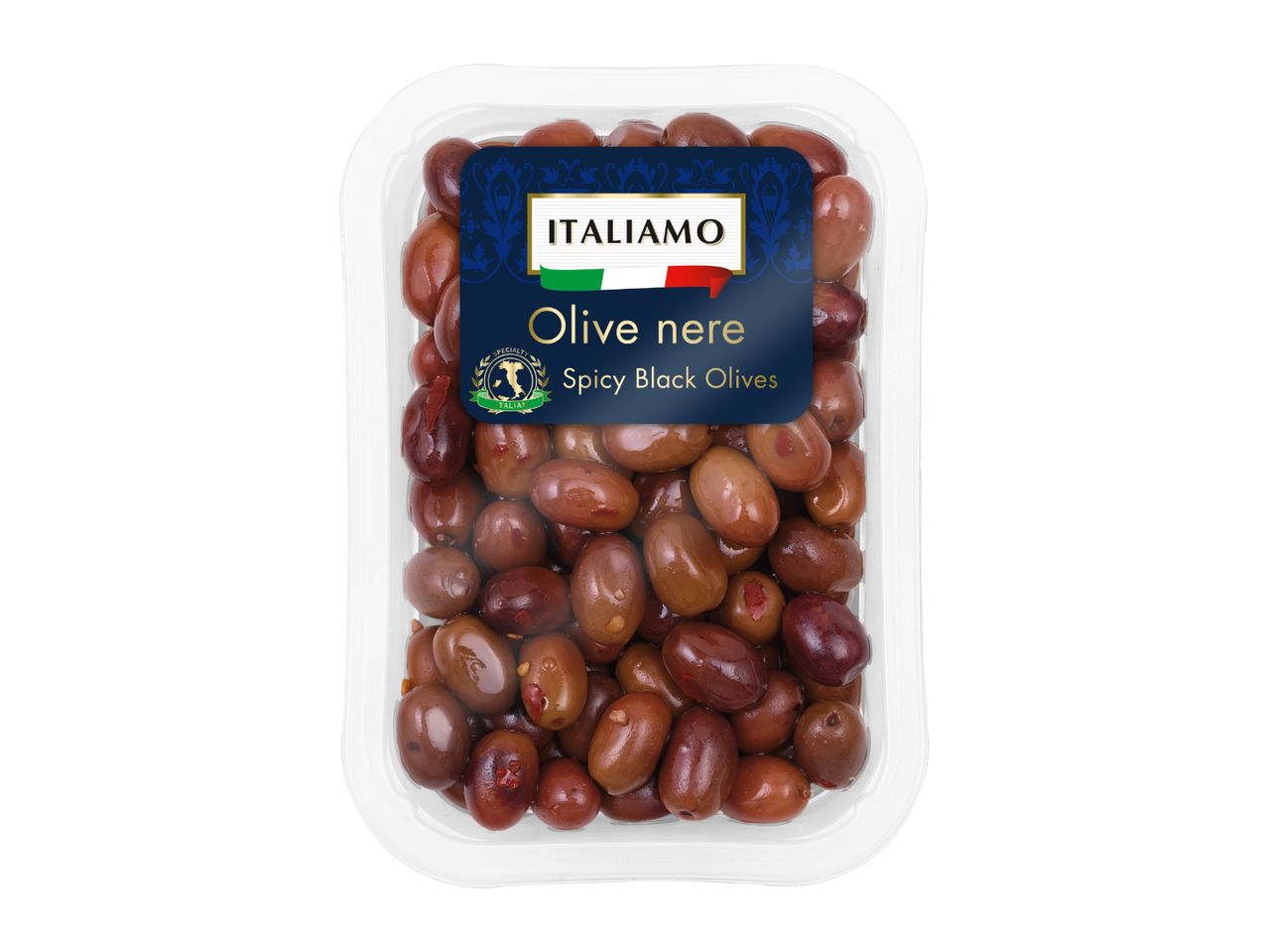 Tray of spicy black olives with an Italian-themed label.