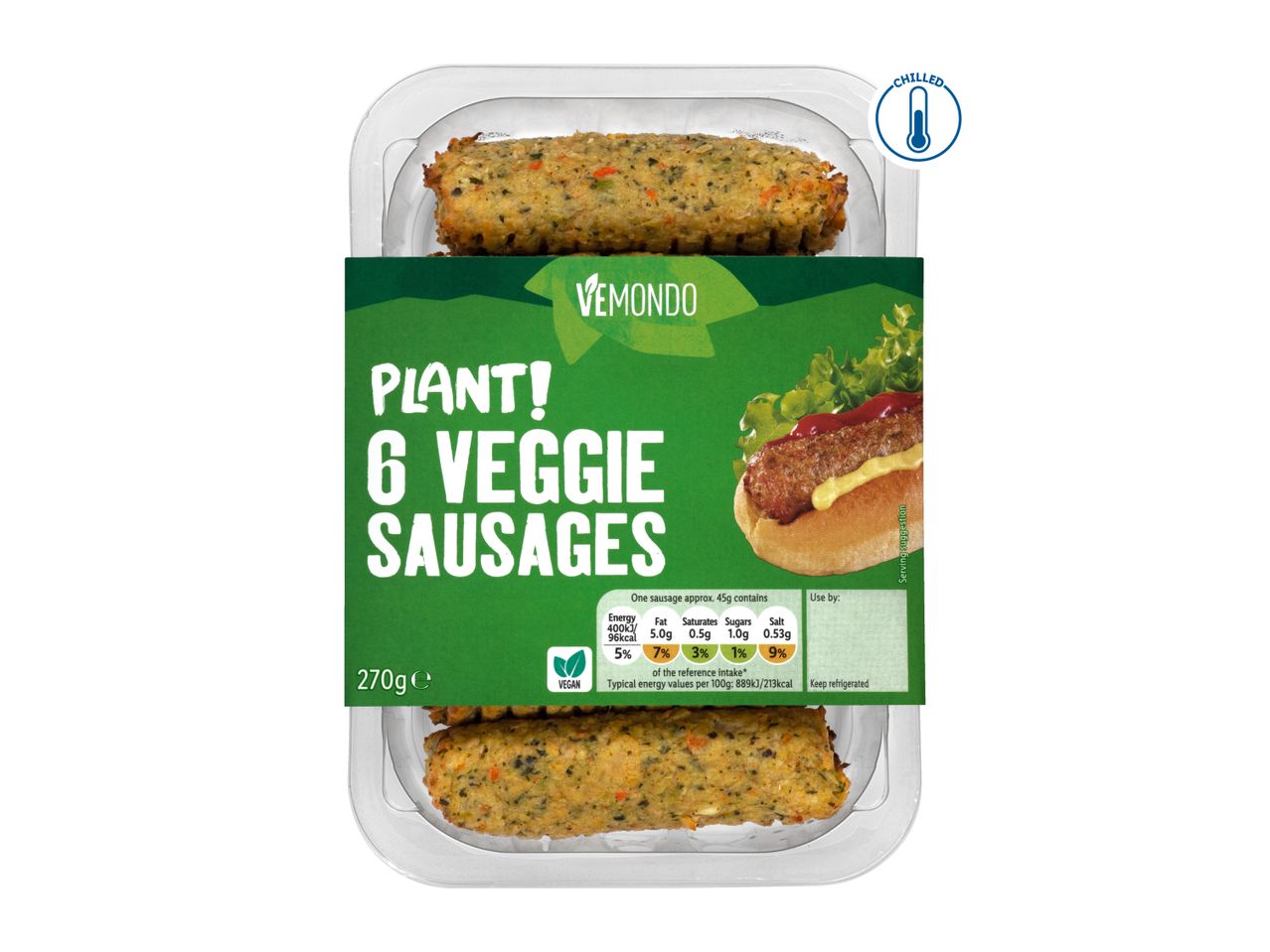 Plant-based veggie sausages in a clear plastic tray with a green label, showing nutritional information and a serving suggestion.