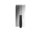 A Parkside notched trowel with a black and green handle.