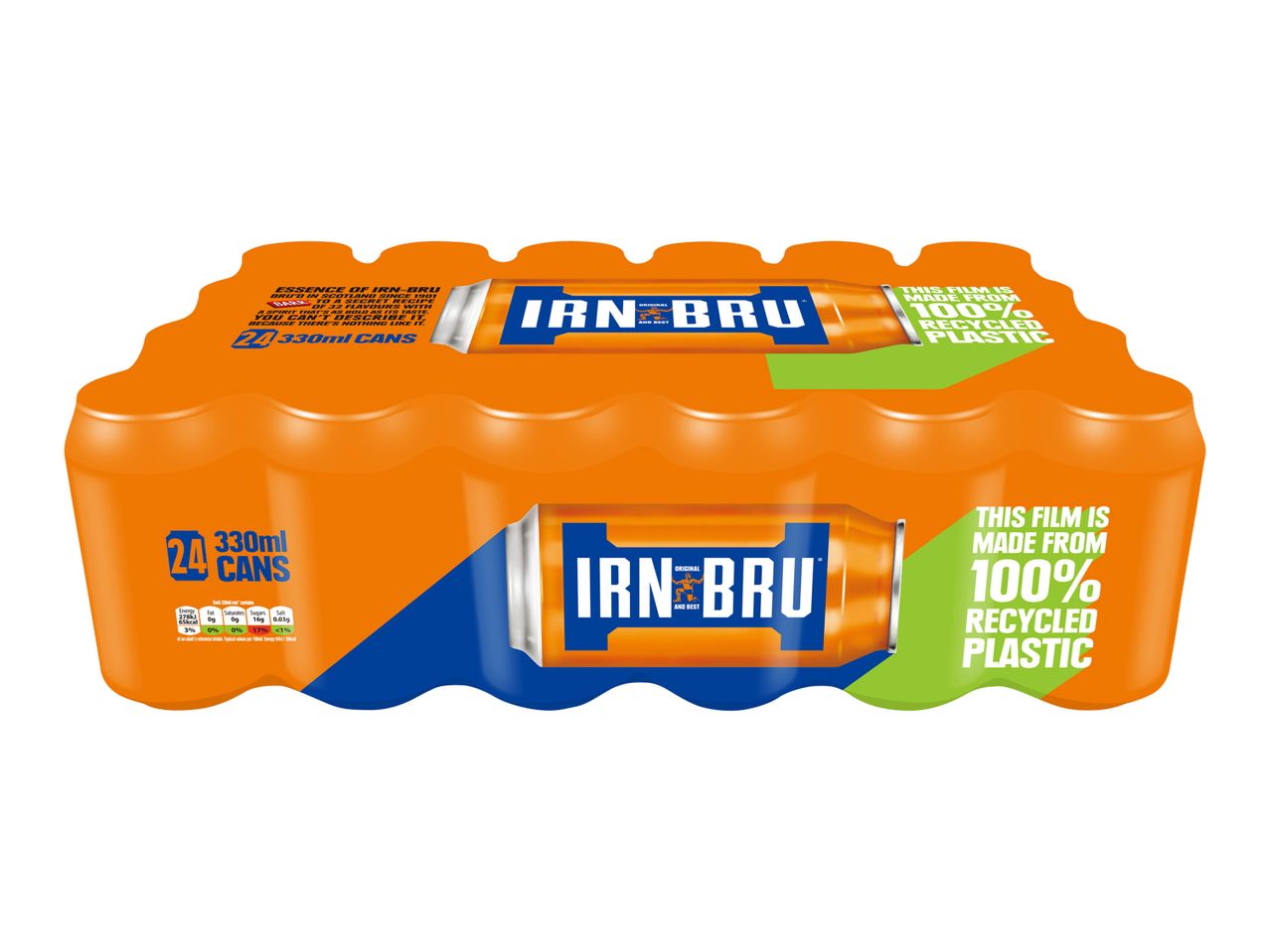 A 24-pack of Irn-Bru 330ml cans, with text about its unique flavor and 100% recycled plastic packaging.