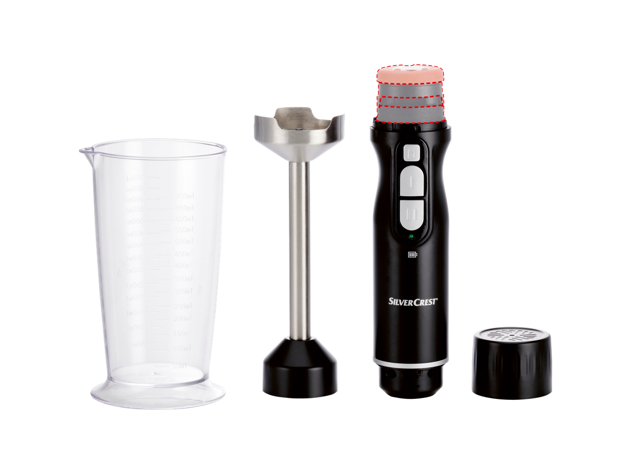 Un blender cu imersie SilverCrest cu recipientul și accesoriile sale.