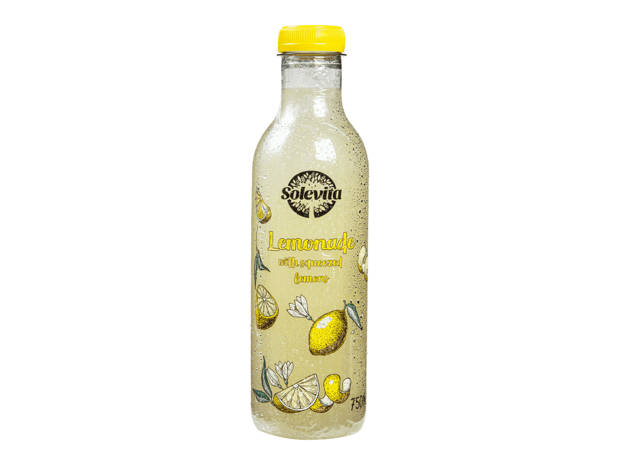 Kylmä limonadipullo, jossa on sitruunoiden ja kukkien kuvia.