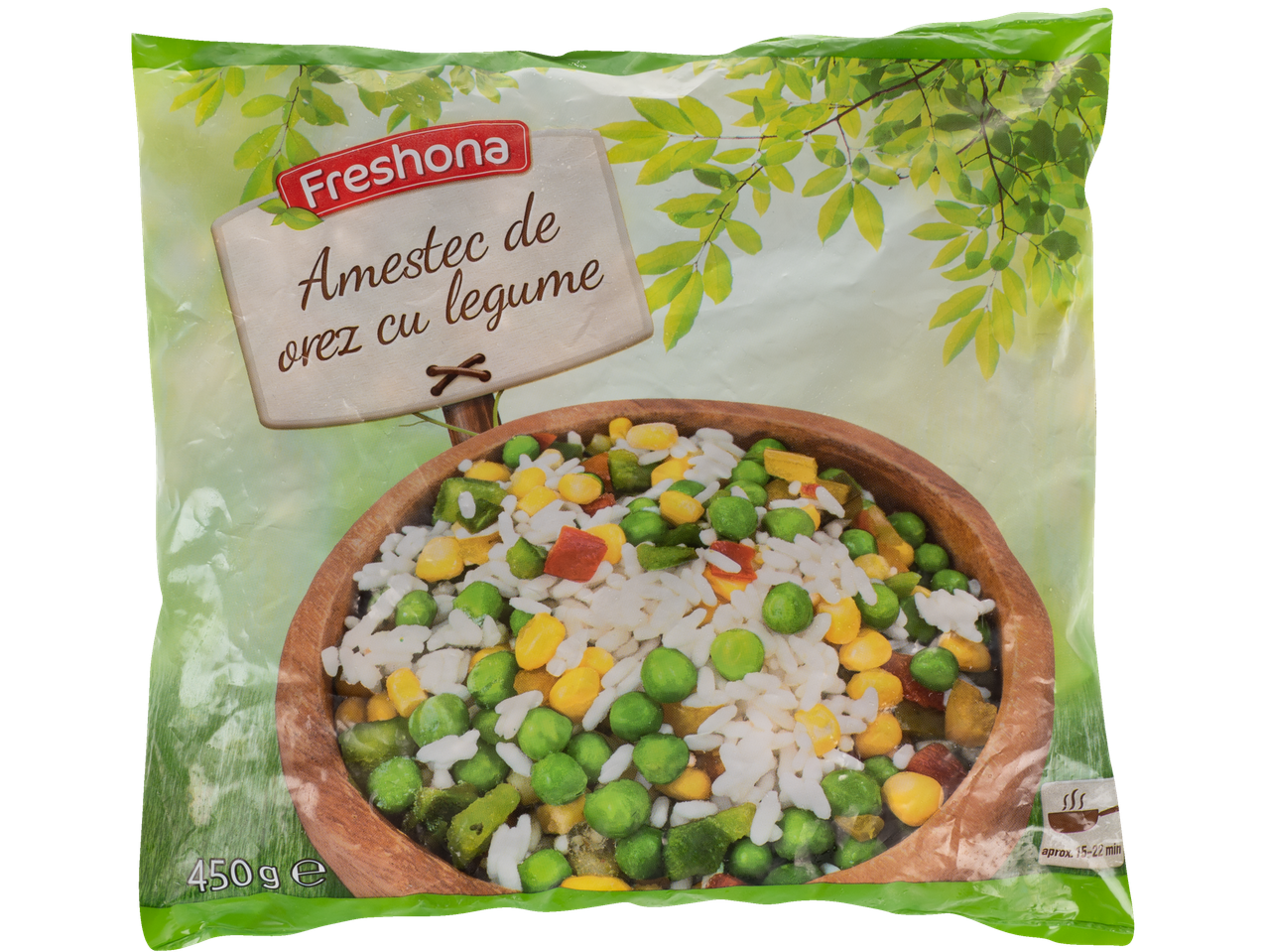 Amestec congelat de orez cu legume Freshoa într-un pachet.