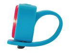 A bright blue silicone bicycle rear light with a red LED.