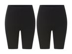 To par sorte, ribstrikkede cykelshorts til kvinder, set forfra.