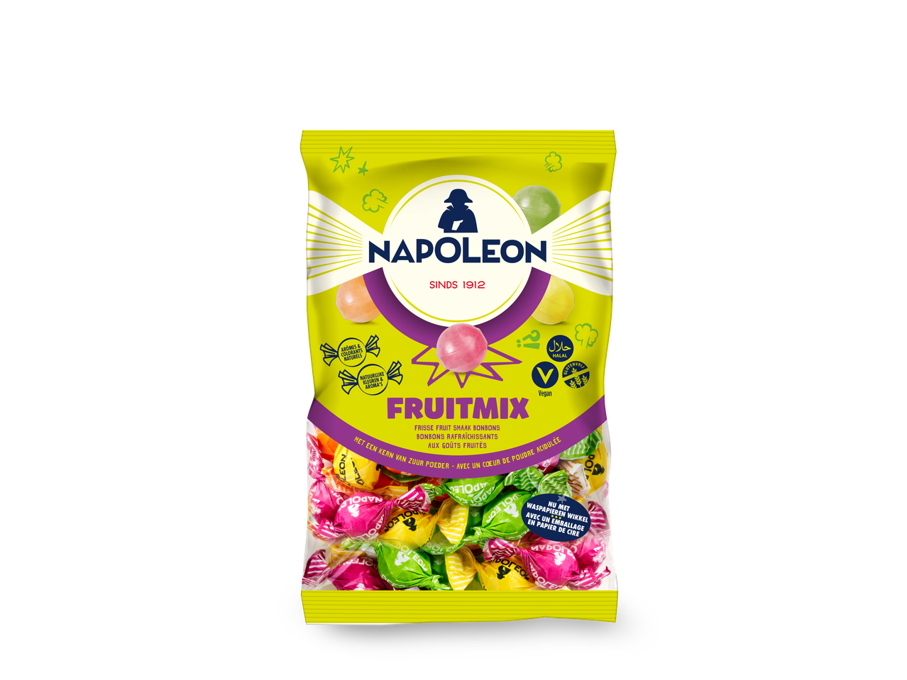Napoleon Fruitmix harde snoepjes in een gele zak, met diverse fruitsmaken en een zure poederkern.