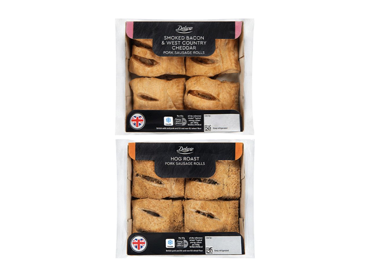 Two packages of Deluxe pork sausage rolls, one smoked bacon and cheddar, the other hog roast.