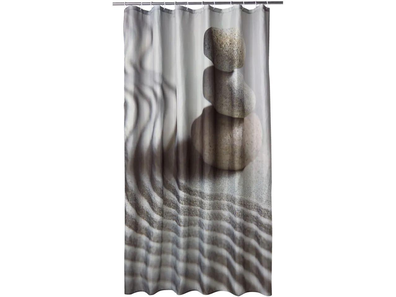 LIVARNO dušas aizkars ar sakrautiem zen akmeņiem un viļņainām smiltīm.