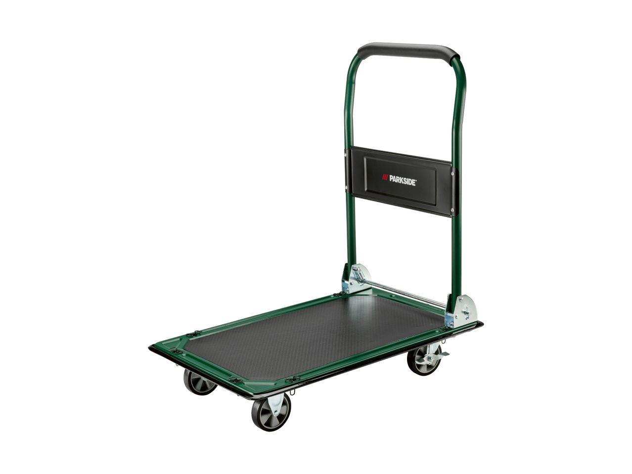 Green folding platform trolley with a black non-slip surface and handle.
