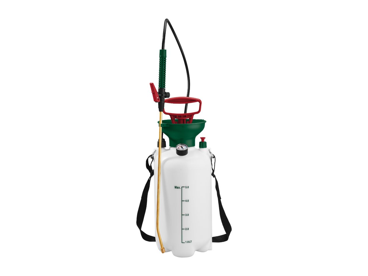 White garden pressure sprayer with green and red accents, a black strap, and a pressure gauge.