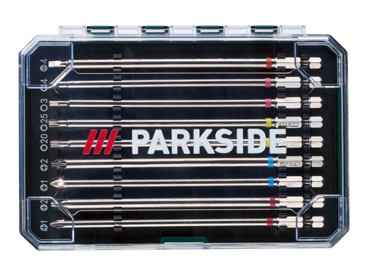 PARKSIDE screwdriver bit set in a clear case, featuring various bit types and sizes.