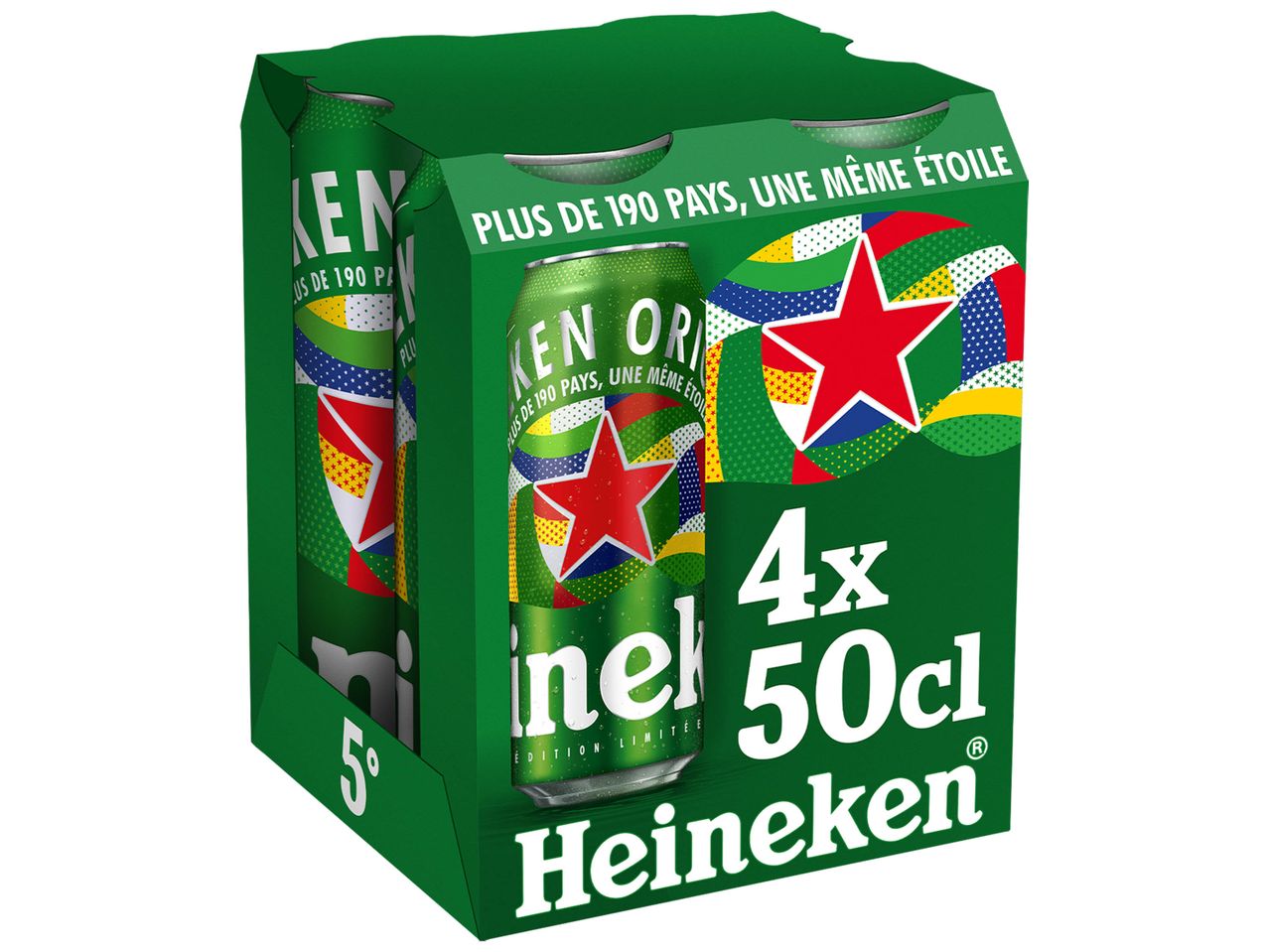 Un pack de 4 canettes de bière Heineken de 50cl, avec un design d'étoile colorée.