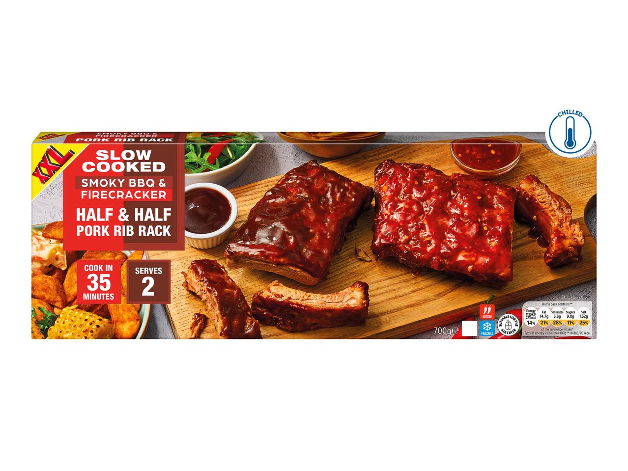 Slow-cooked smoky BBQ and firecracker half and half pork rib rack, chilled, serves 2, cooks in 35 minutes.