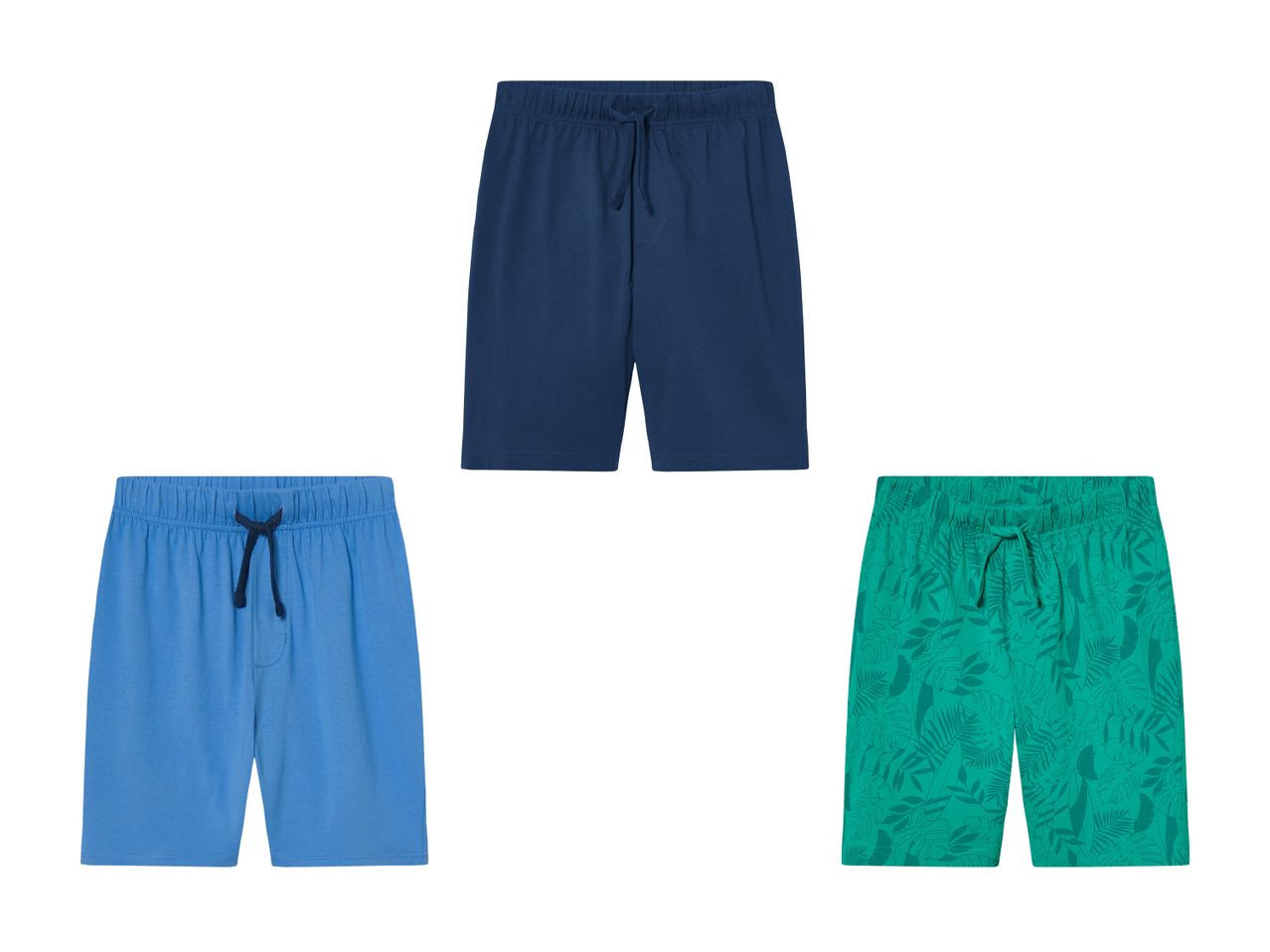 Drei Jungen-Shorts in Dunkelblau, Hellblau und Grün.