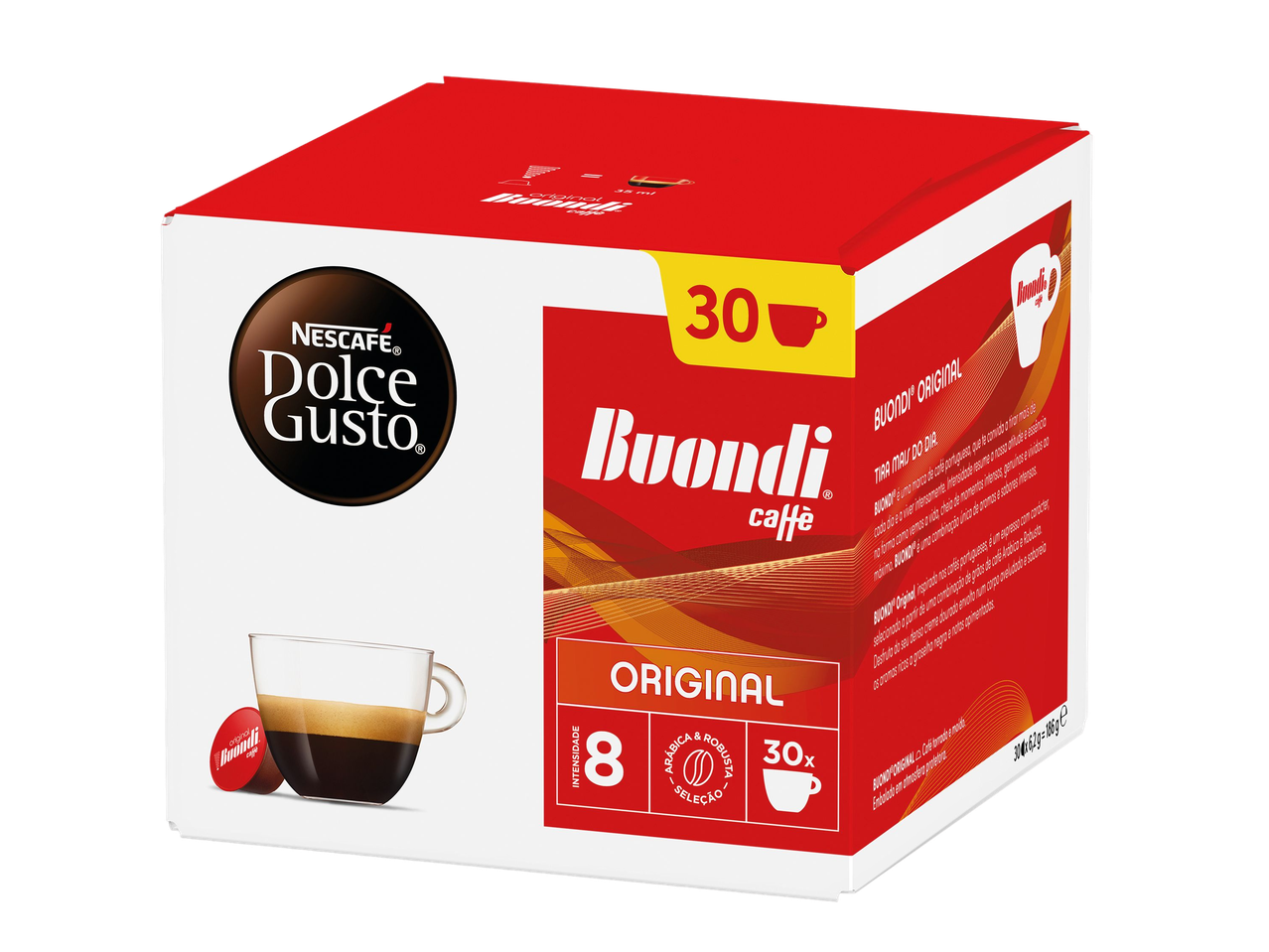 Caixa de cápsulas de café Buondi Original, intensidade 8, 30 cápsulas.