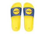 Pair of yellow and blue slide sandals with a circular logo on the strap.