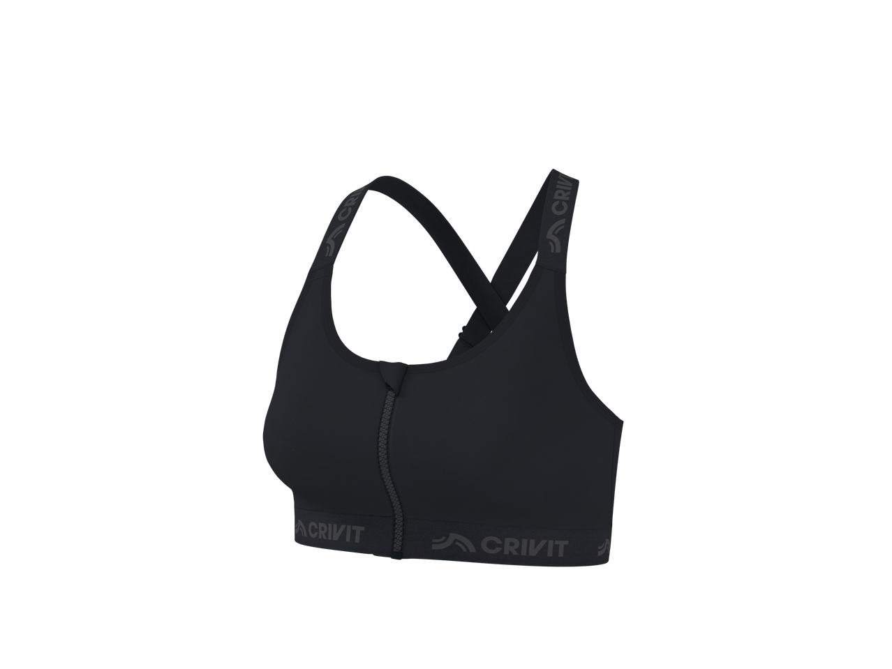 Black sports bra with a front zipper and criss-cross back straps.