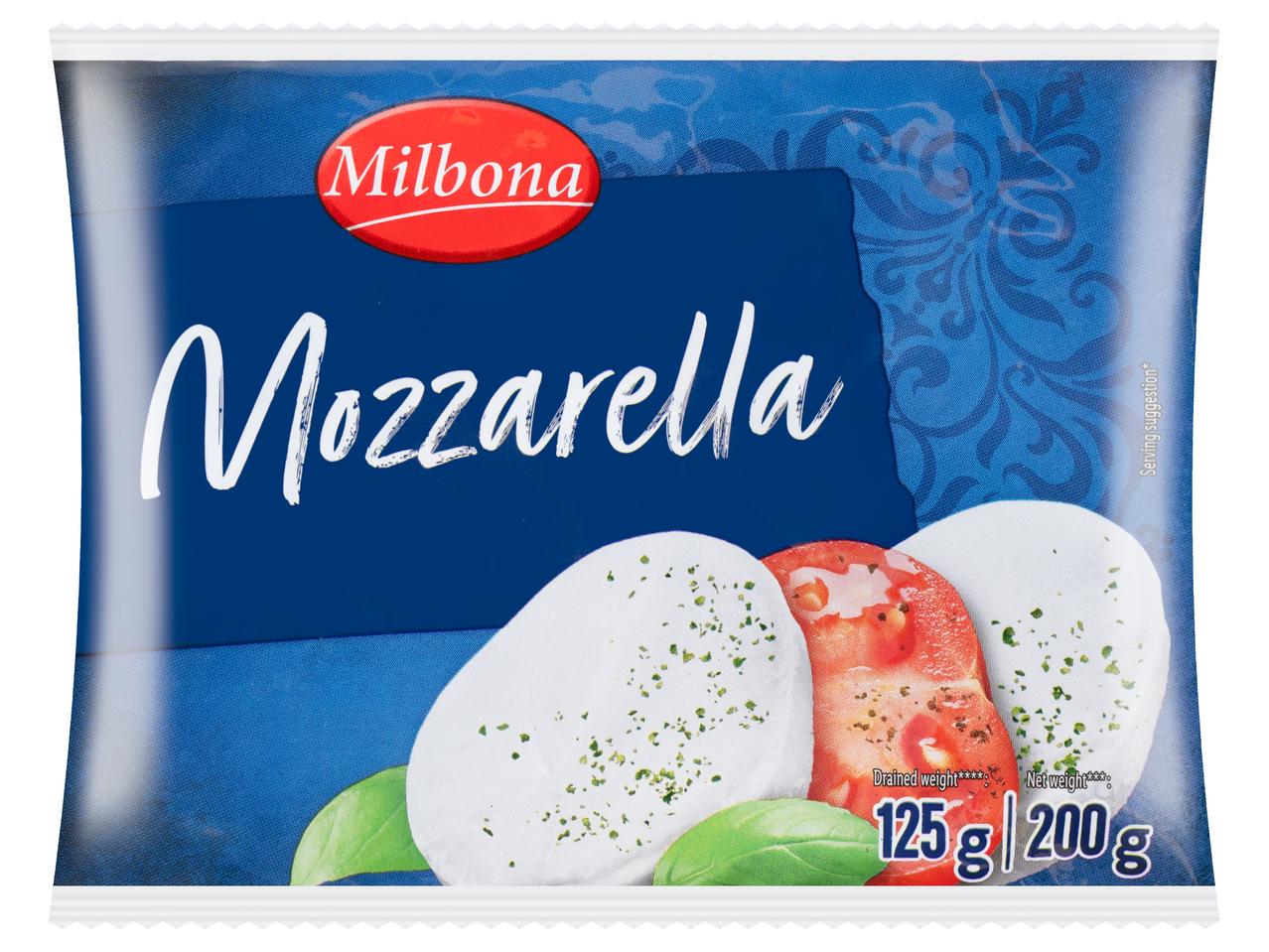 Milbona Mozzarella csomagolás két mozzarellagolyóval, egy paradicsomszelettel és bazsalikomlevelekkel.
