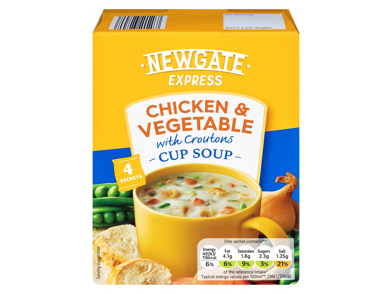 Newgate Express cup soup: chicken & vegetable with croutons, 4 sachets.