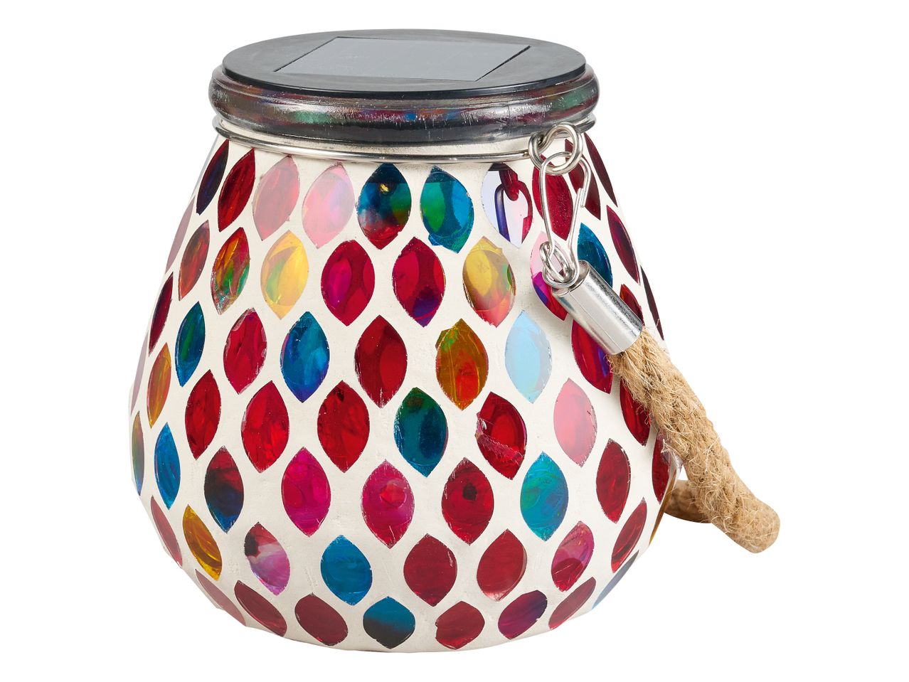 A colorful Solar Glass Light with a rope handle.