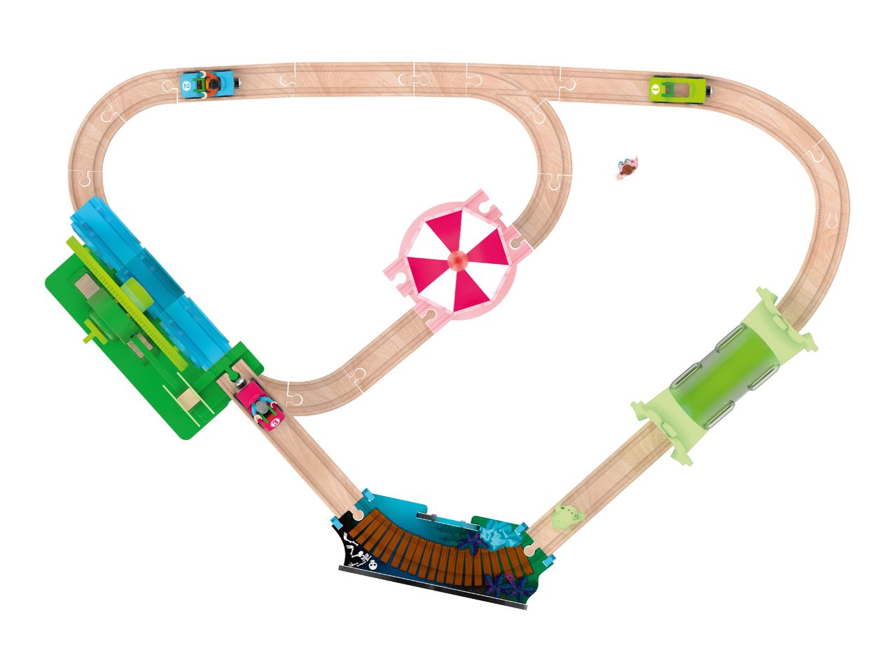 Overhead view of a wooden toy train track set with two race cars, a bridge, and a tunnel.