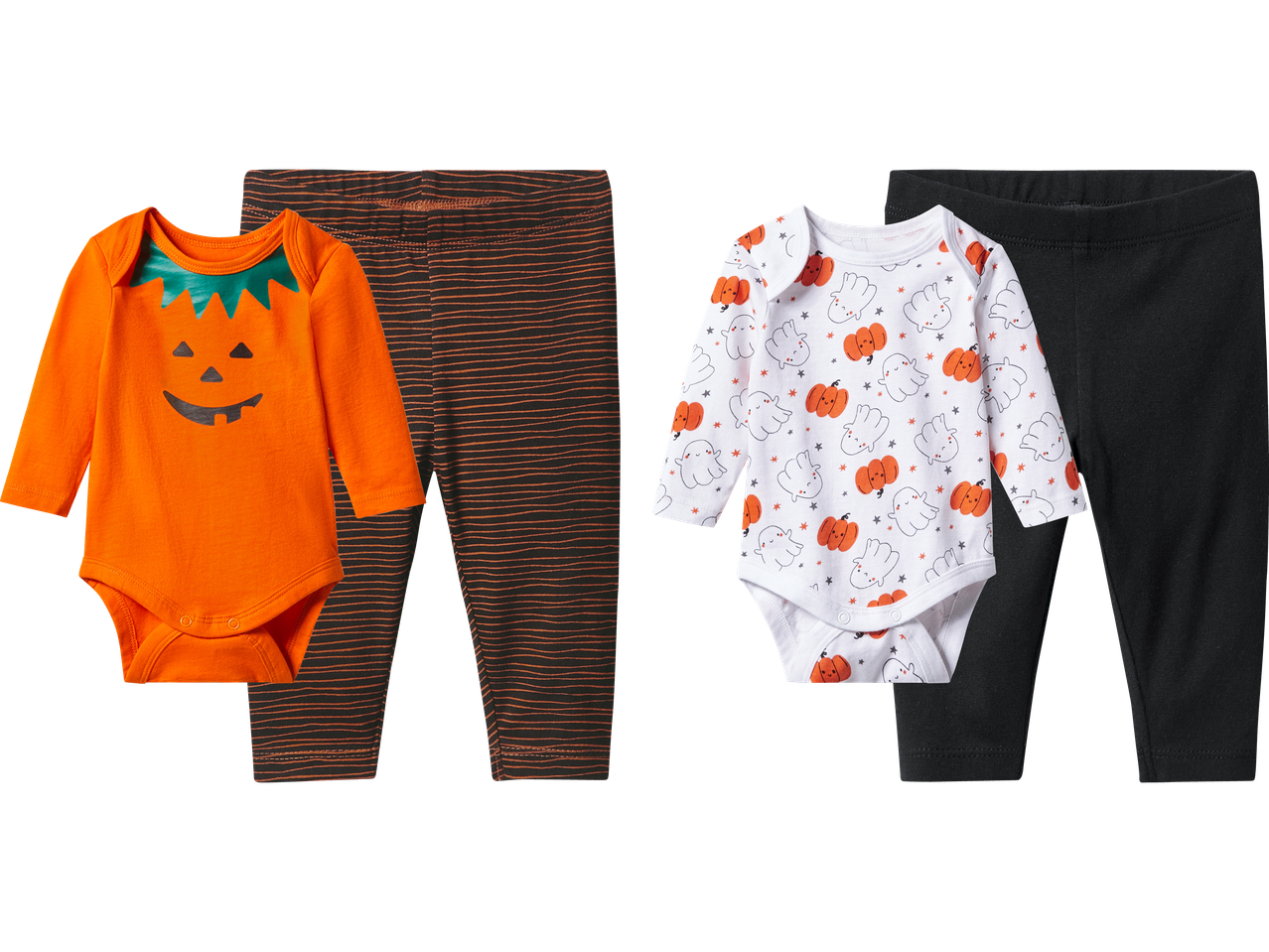 Två Halloween-inspirerade babyklädesset med bodys och byxor.