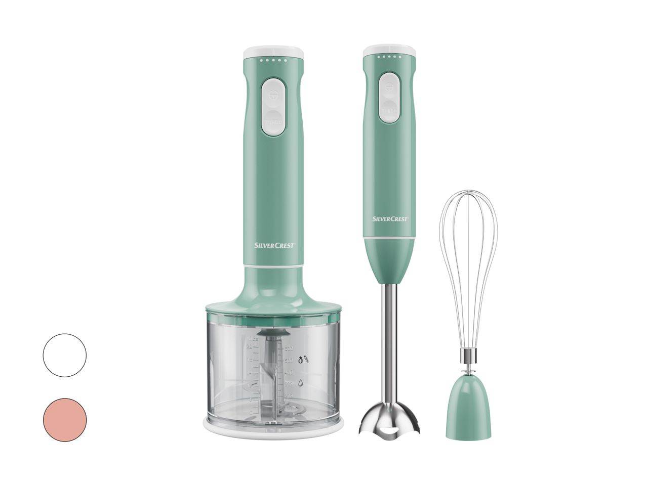 SilverCrest Stabmixer in Mintgrün mit Zubehör: Zerkleinerungsbecher und Schneebesen.