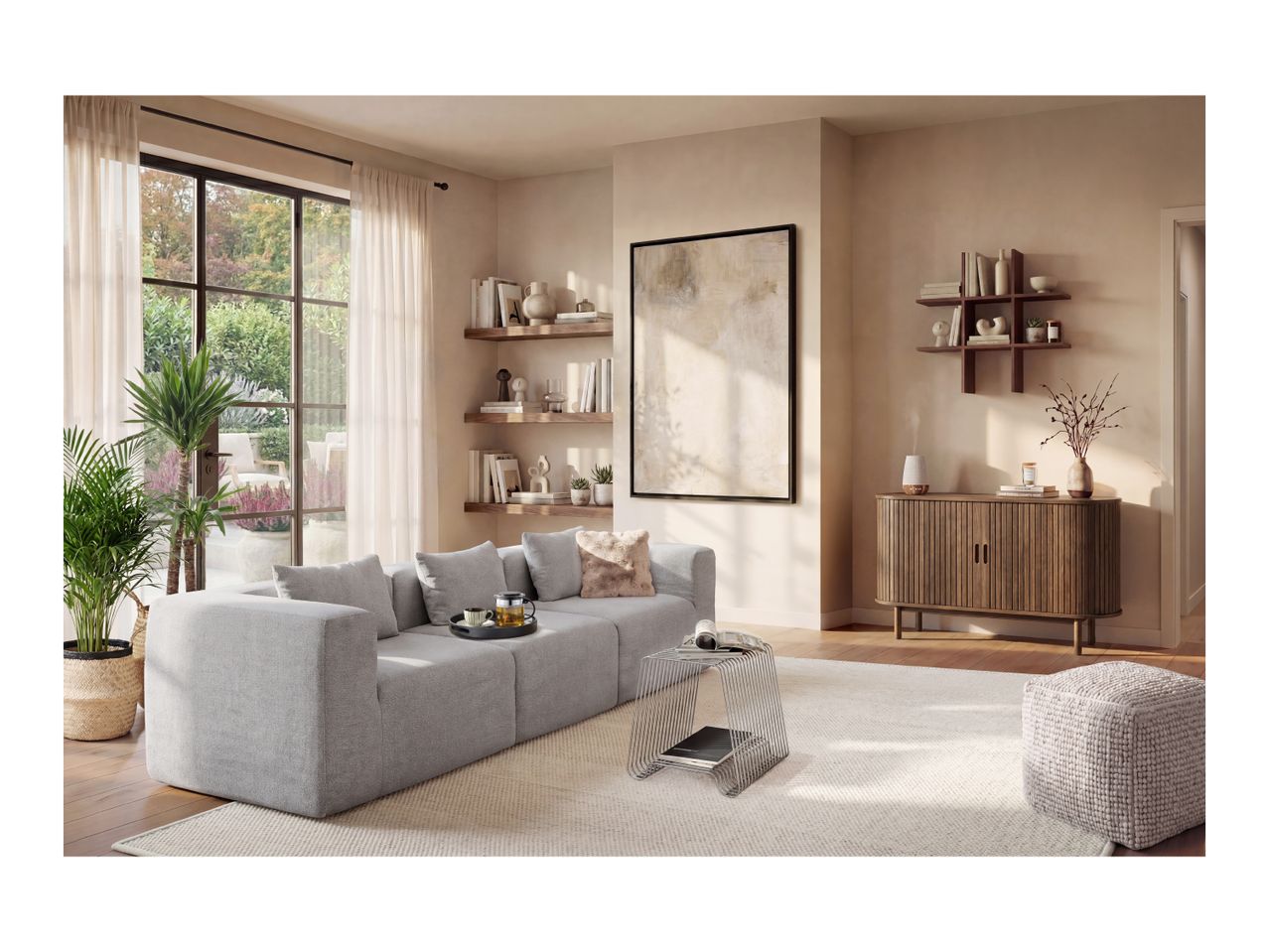 Modern living room with a grey sofa, wooden sideboard, and minimalist decor.