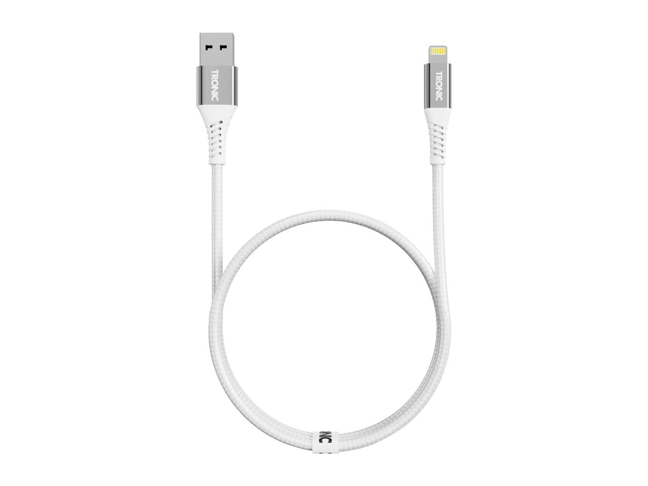 White braided USB to Lightning charging cable with metallic connectors