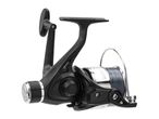 Black fishing reel with grey line on a white background.