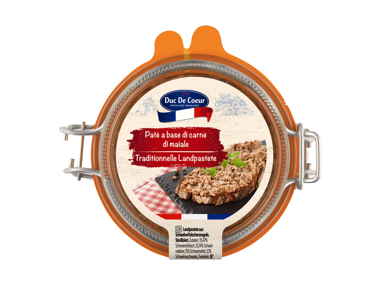 Paté di carne di maiale Duc De Coeur in un barattolo di vetro.