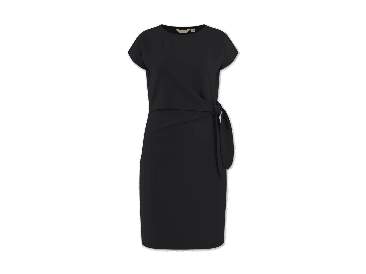 Schwarzes, knielanges Damenkleid mit kurzen Ärmeln und seitlicher Bindung.