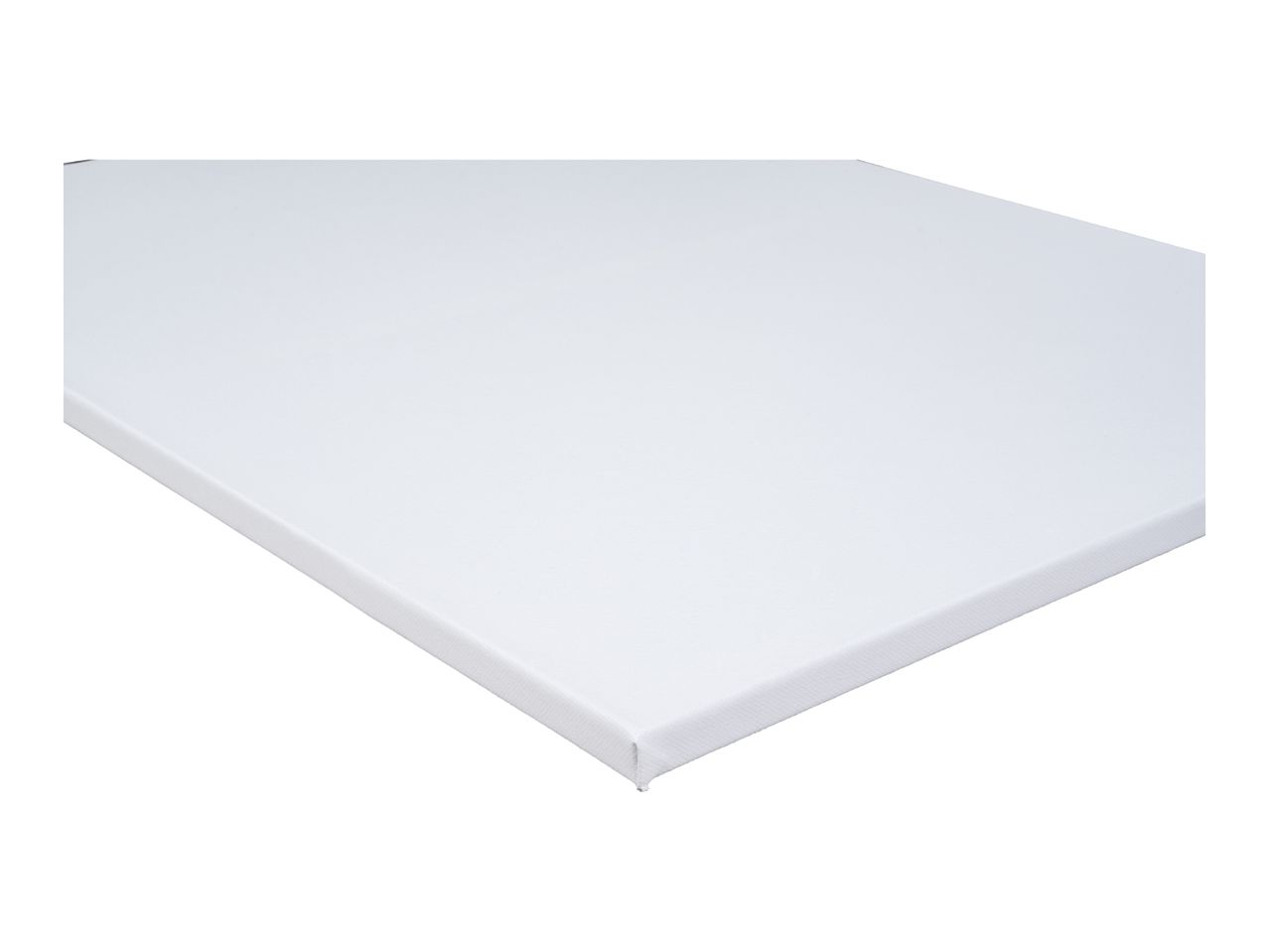 A blank white stretched canvas for painting, viewed from an angle.
