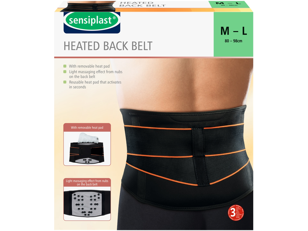 Sensiplast heated back belt with removable heat pad.
