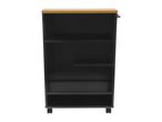 Black storage trolley with a light wooden top and three shelves