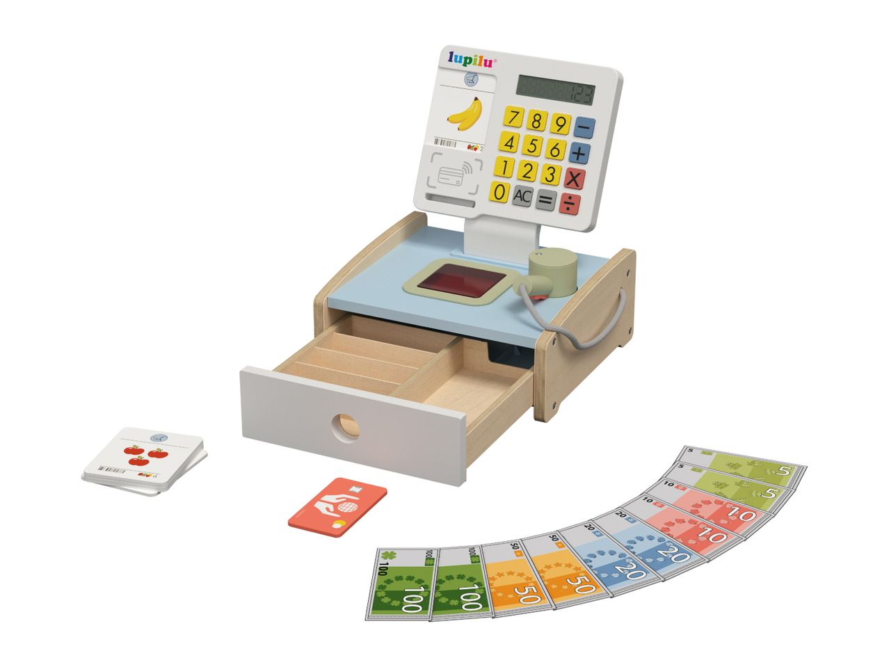 Wooden toy cash register with play money, credit card, and product cards.