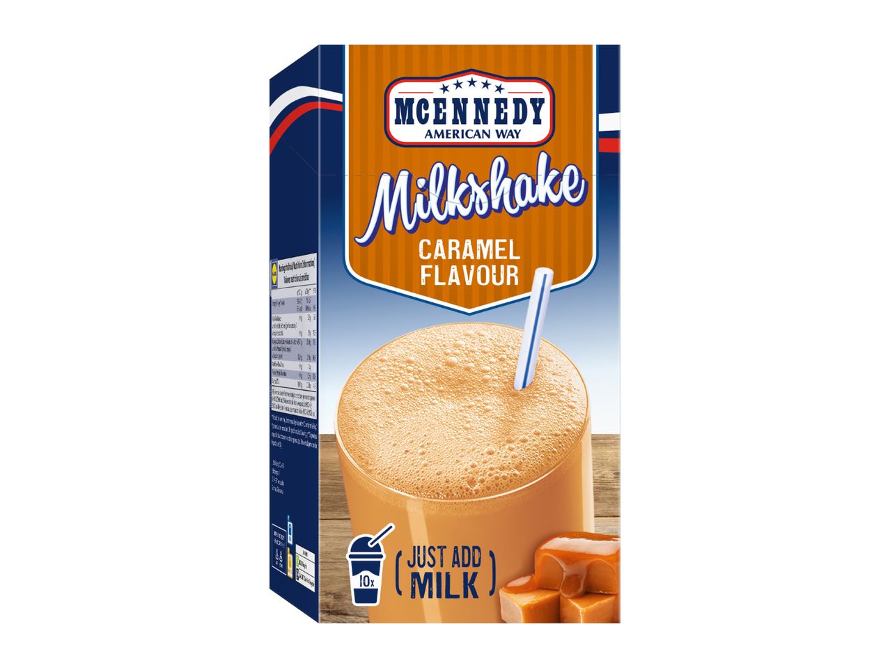 Caramel milkshake mix box with a glass of prepared milkshake and caramel candies.