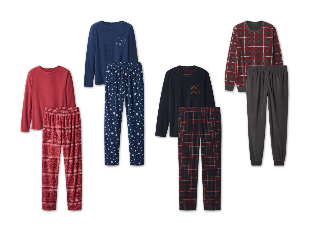 Drei Sets Fleece-Pyjamas: rot mit Schneeflocken, blau mit Sternen und kariert.