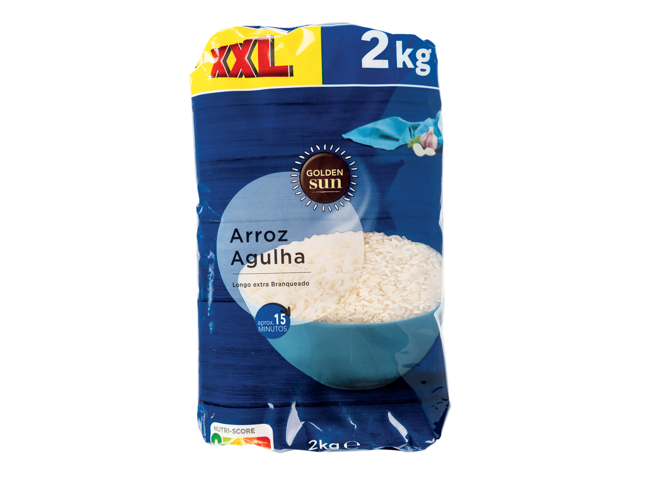 Pacote de 2kg de arroz agulha Golden Sun XL.