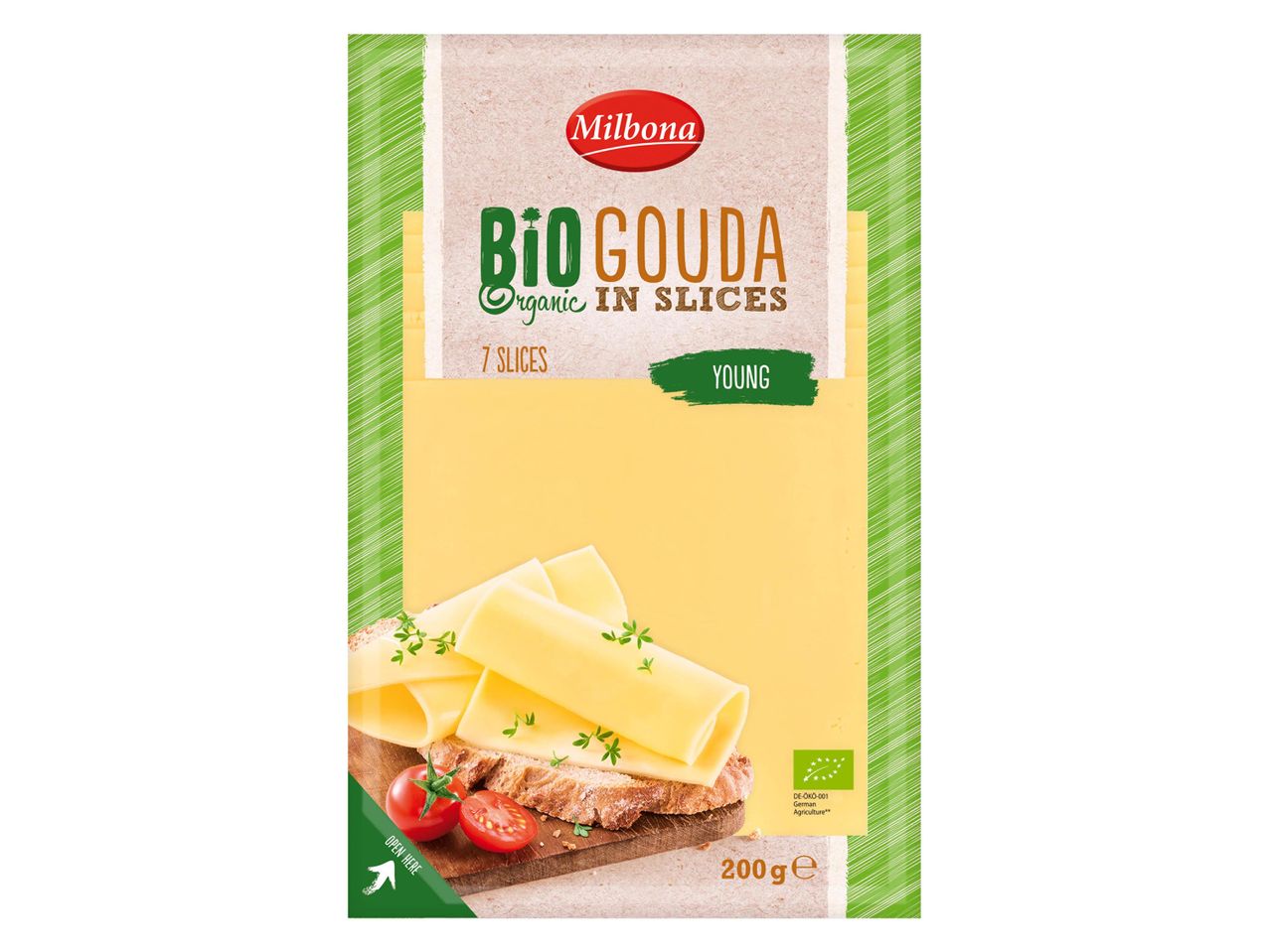 Milbona Bio Gouda szeletek, 7 szelet, fiatal, 200g-os kiszerelésben.
