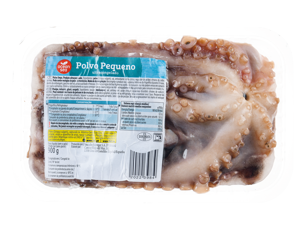 Ocean Sea Polvo Pequeno ultracongelado na embalagem.