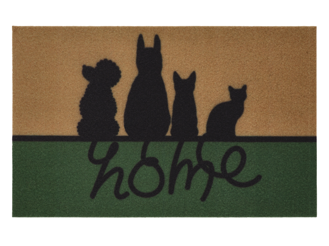 Изтривалка с четири силуета на домашни любимци и надпис „home“.