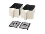 Two cream-colored air fryer baskets with black interiors and two black grill plates.
